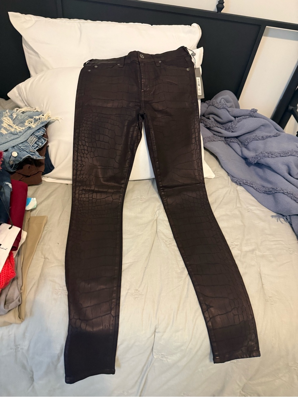 7 for all mankind Women's Croc-Embossed Skinny Jeans in Dark Brown